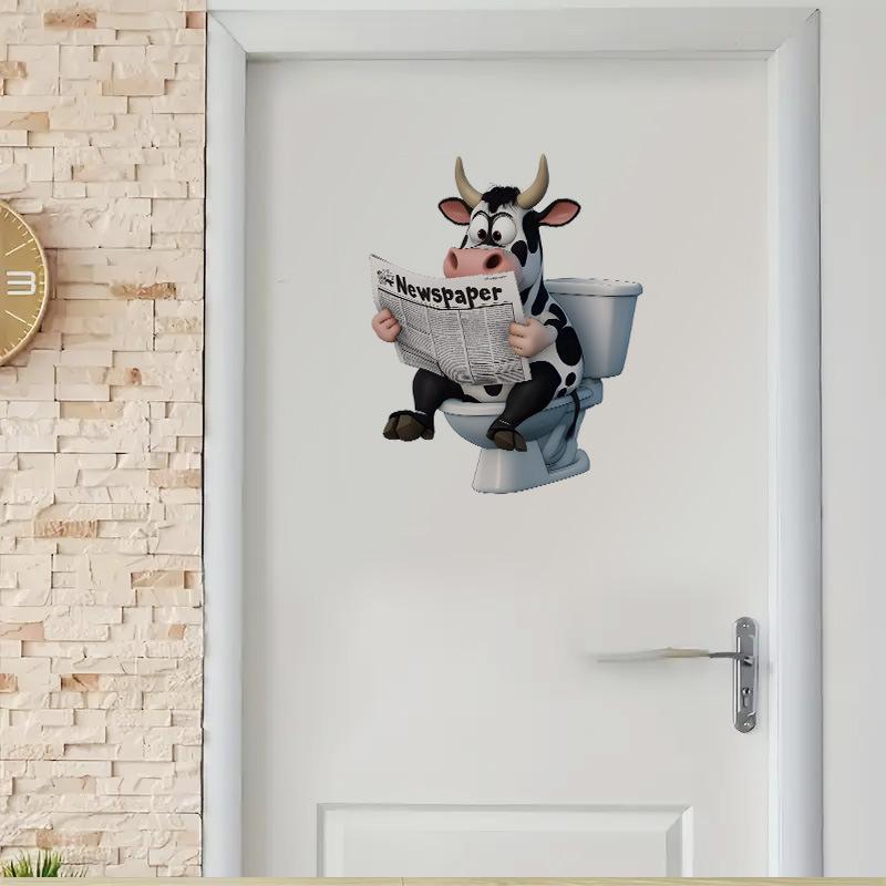 3D Funny Cow Reading Newspaper On Toilet Wall Sticker Self-Adhesive Waterproof Removable Bathroom Home Decor Art