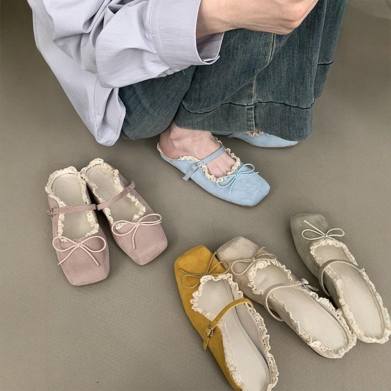 Women's shoes gentle flat Mary Jane half slippers bow single shoes spring and summer retro blue ballet shoes