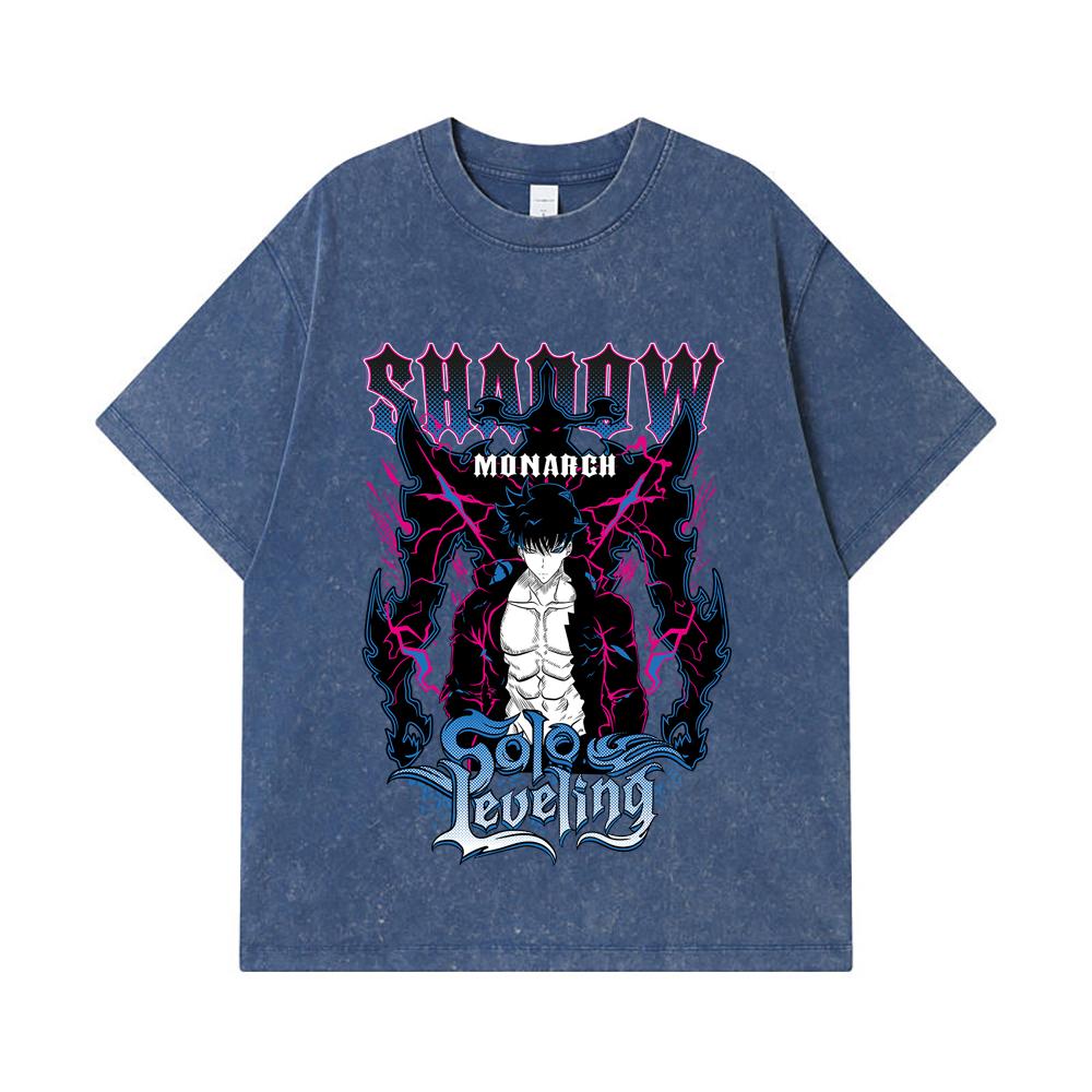 

275 GSM Washed T-shirts 100% Cotton Solo Leveling V3 Shadow Monarch Print Unisex Heavy Cotton T Shirt 2XL королівський синій колір