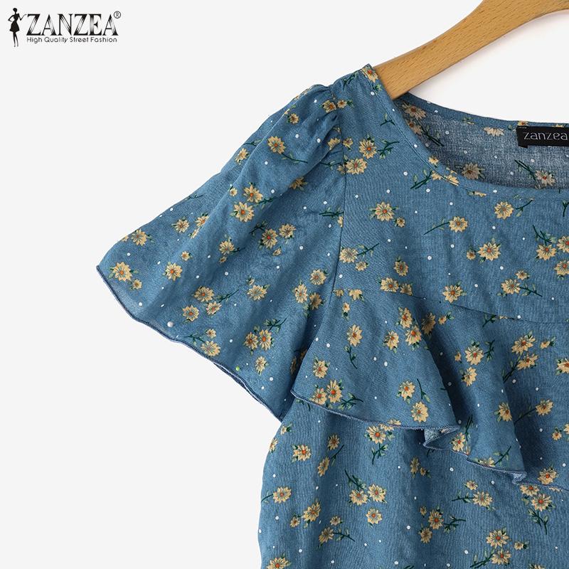 ZANZEA Kobiety Casual Falbany Okrągły Dekolt Krótki Rękaw Bluzka z Nadrukiem Kwiatowym