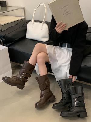 2025 Autumn and Winter New Dark Wind Belt Buckle Locomotive Boxing Boots Women's Thick-soled Retro Wind Tube Knight Boots Women