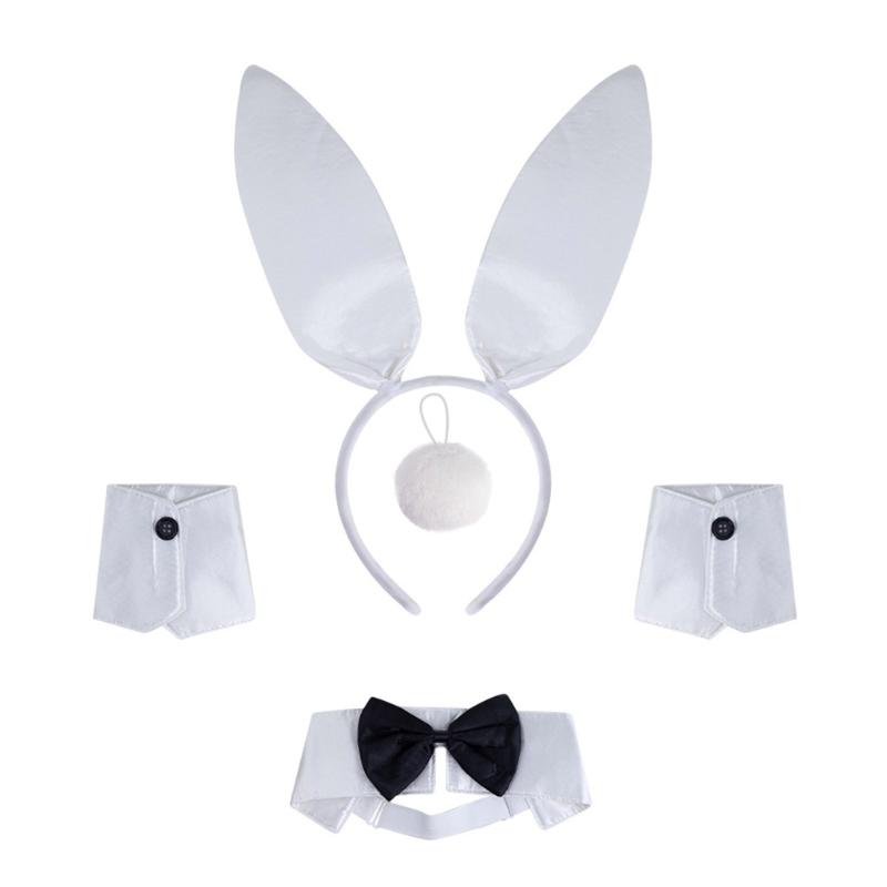 1/4Pcs Women's Bunnies Costume Accessories Set Rabbit Ears Headband Bowtie Collar Cuffs Rabbit Tail for Easter Party