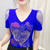 Streetwear Girl Chic Summer T-shirt Fashion Sexy Slim Women Flower Heart Tops Shiny Rose Hot Diamonds Design Tees