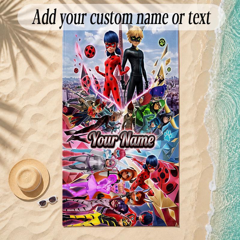 Beach TowelMiraculous Ladybug Custom Name Text Personalized Soft Towel for Beach Pool Indoor Home Decor Gift