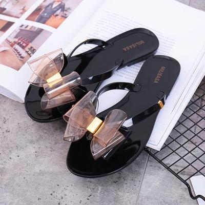 Sommer Damen Koreanische Edition Outdoor-Slipper mit Schleife und Fischgrätenmuster Flache Bottom-Slipper und Dicke Bottom-Slipper