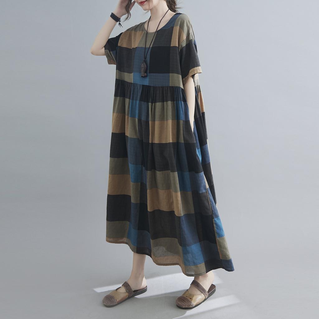 Women Cotton and Linen Dress Vintage Plaid Print O Neck Half Sleeves Side Pockets Robes Casual