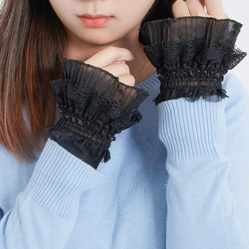 New Fake Flare Sleeves Women Lace Floral Pleated Fake Cuff Ruffles Wrist Warmer Solid Color Detachable Fake Sleeves