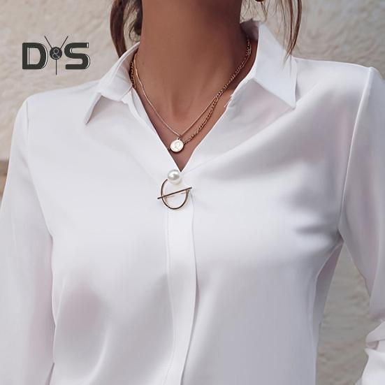 Damen-Hemd mit Revers, langen Ärmeln, Kunstperlen-Dekor, normale Passform, einfarbig, einfache, leichte Bluse
