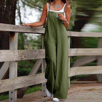 Women Summer Jumpsuit Backless Sleeveless Spaghetti Strap Wide Leg Loose Deep Crotch Pockets Full Length Lady Long Jumpsuit