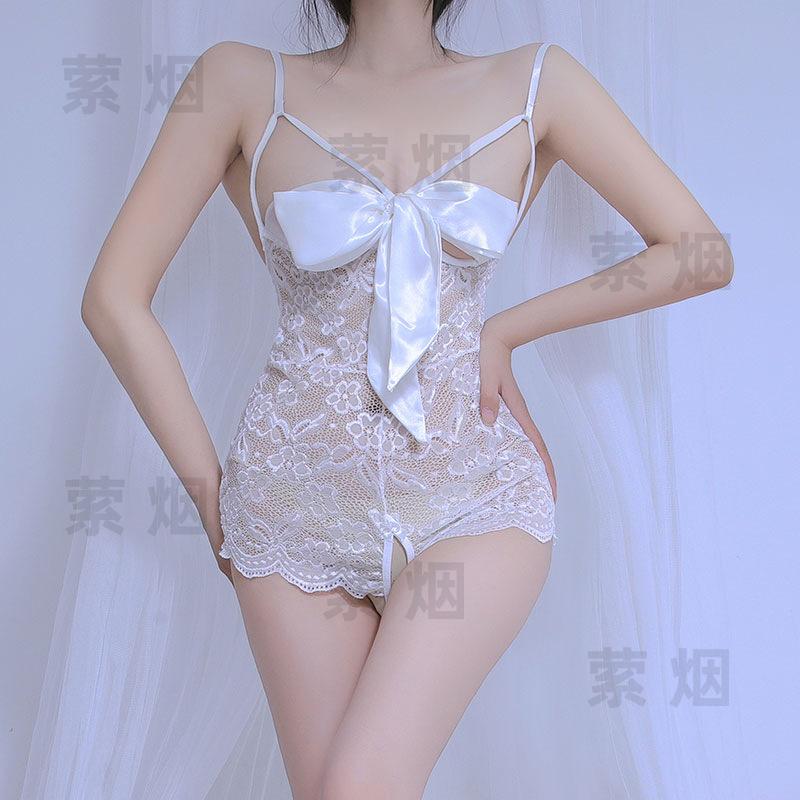 Sex underwear lace temptation transparent hollow sexy onesie bow qqny open uniform set