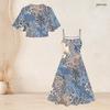 Women Plus Size White Floral Printed Batwing Sleeve Cropped Shrug Strappy Flared Dress Two Piece Set
