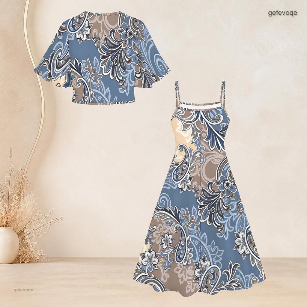 Women Plus Size White Floral Printed Batwing Sleeve Cropped Shrug Strappy Flared Dress Two Piece Set