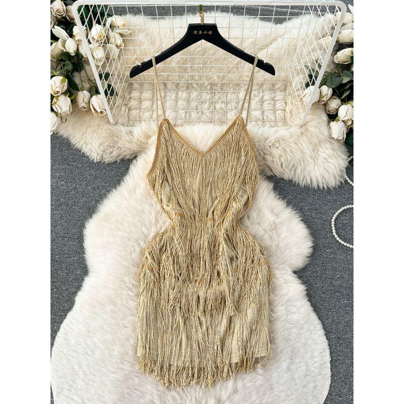 Sexy Open Back Furry Tassel Slim Looking Sling Dress