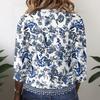 Vintage Floral Print Henley Button Neck 3/4 Sleeve Linen Cotton Blend Shirt for Women Casual Loose Fit Top
