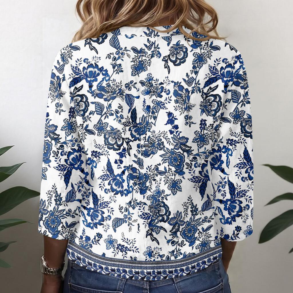 Vintage Floral Print Henley Button Neck 3/4 Sleeve Linen Cotton Blend Shirt for Women Casual Loose Fit Top