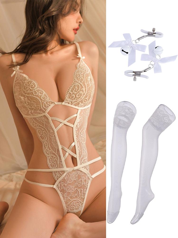 Naughty Red Lingerie Lace Hollow Bodysuit For Women Erotic Backless Sleepdress Teddies Babydoll Underwear Crotchless Open Bra