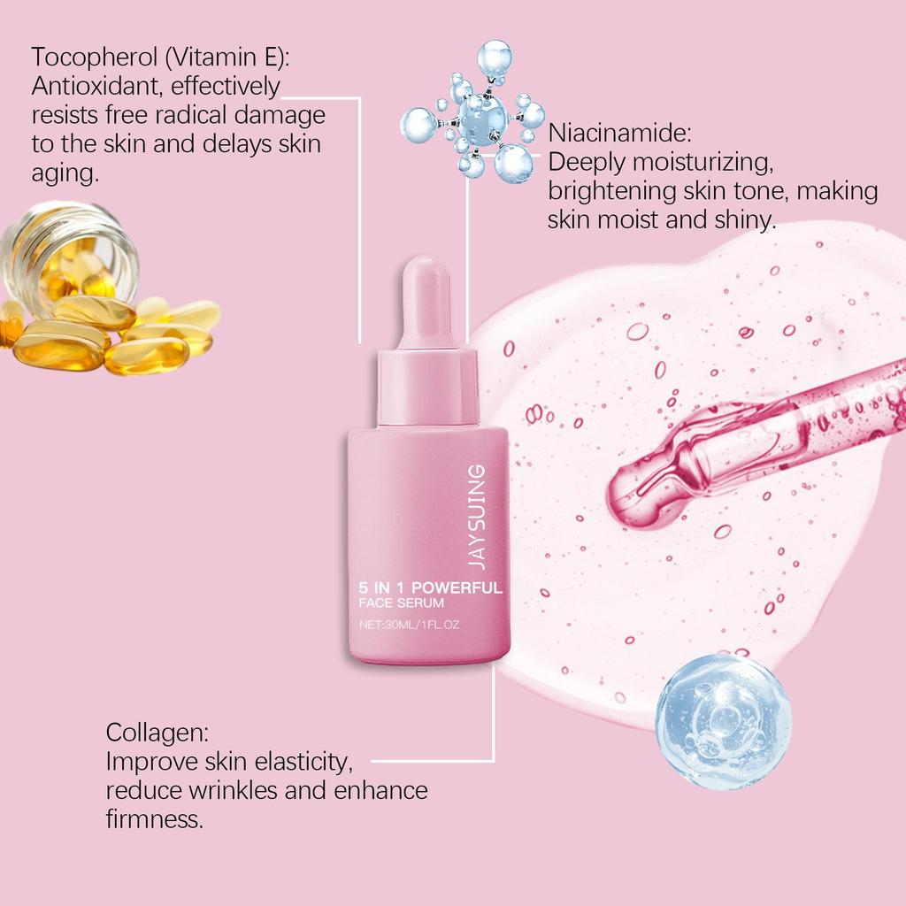 Jaysuing 5-in-1 Nourishing Essence Moisturizes, Firms, and Repairs Facial Skin Elasticity. Easily Absorbed, Non-Greasy. Suitable for Face. 30ml/box