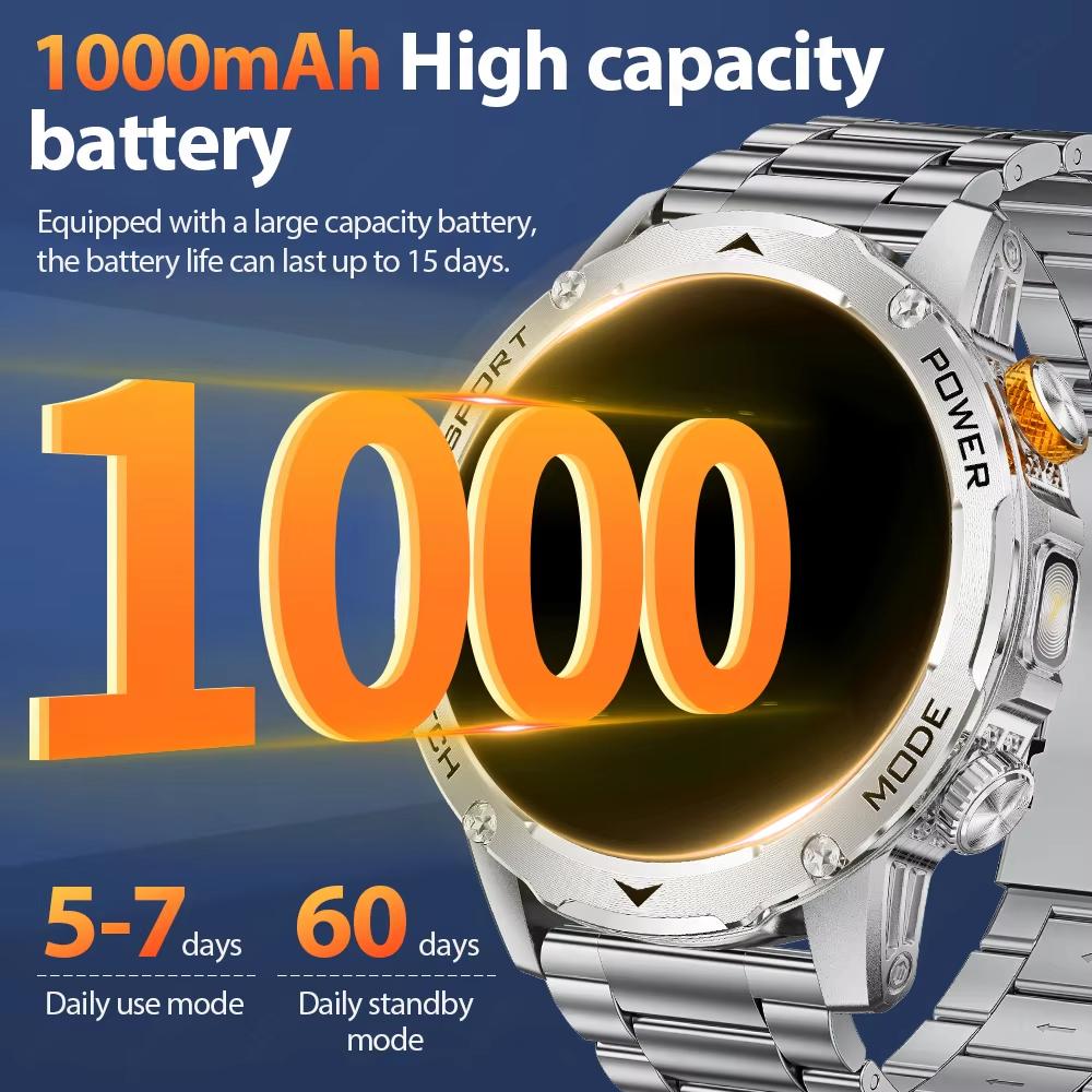 2025 Neue Smartwatch Mann 1000mAh Lange Standby Outdoor Smartwatch Männer LED Taschenlampe Wasserdicht Herzfrequenz Sport BT Anruf Smartwatches