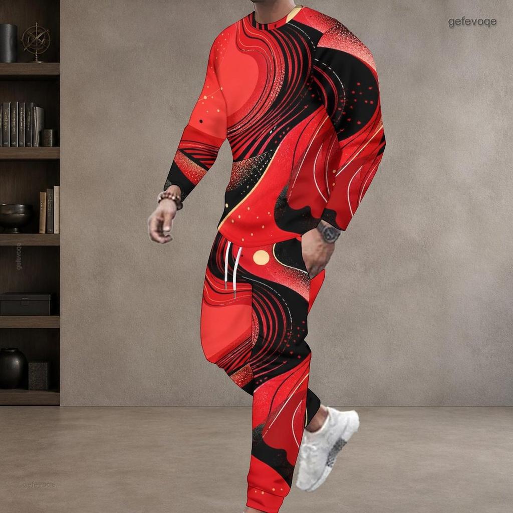 Men s Plus Size Nebula Printed Two Piece Set Round Neck Long Sleeve Top Cuffed Pants