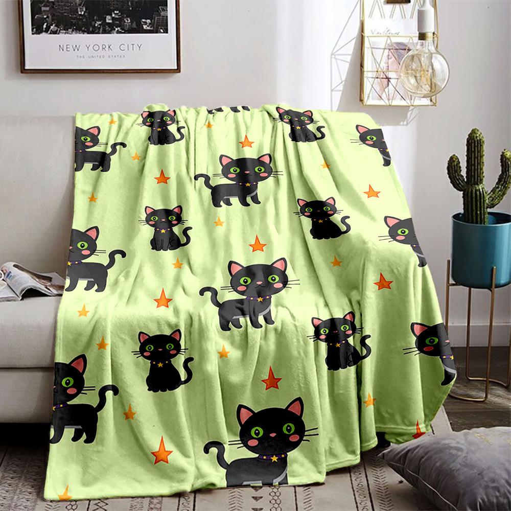 Cute Black Cat and Star Pattern Flannel Blanket for Bedroom, Living Room, Sofa, and Nap