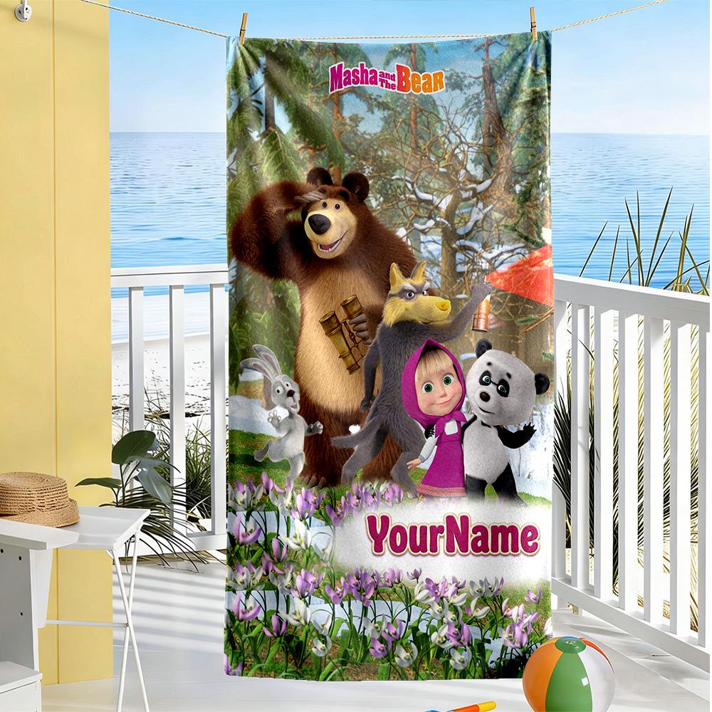 Masha Bear Customize Text Beach Towel Quick-Dry Soft Microfiber Perfect for Traveling Yoga Camping and Swimming