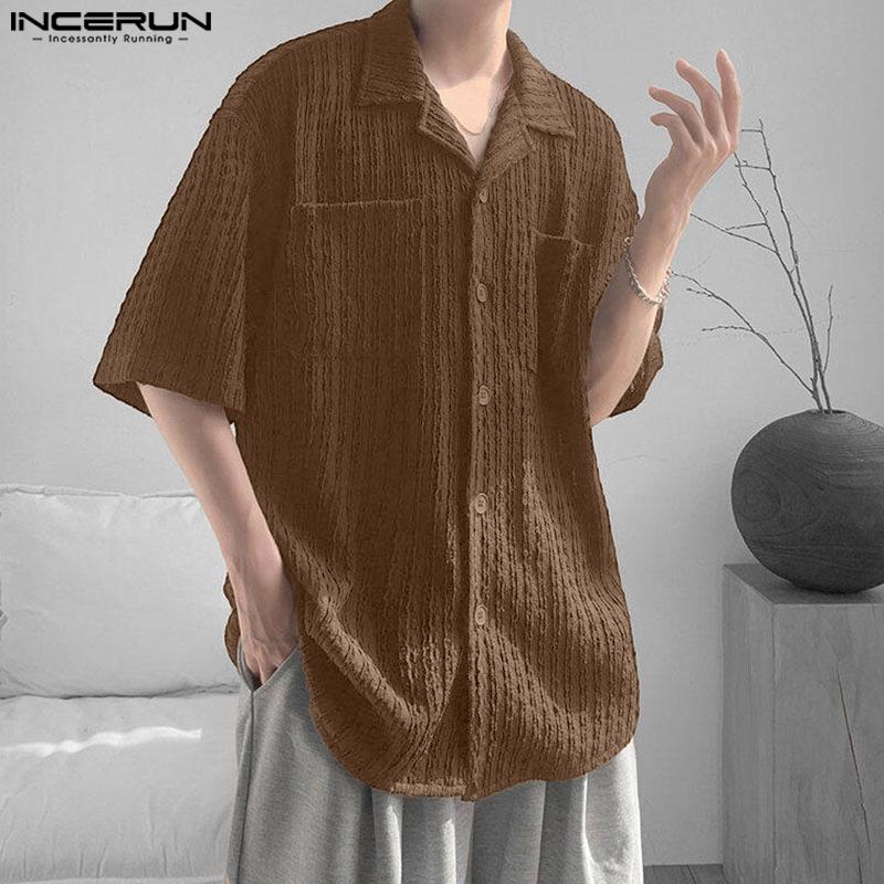 INCERUN Plus Size Men Lapel Neck Short Sleeve Texture Casual Shirts Tops