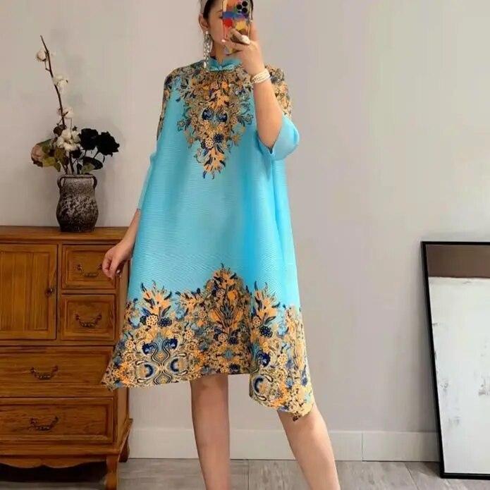 Ethnic Wind Printed Pleated Dress Spring and Summer New Fashion Foreign Air Large Size Thin Age-sen Long Sleeve Long Skirt