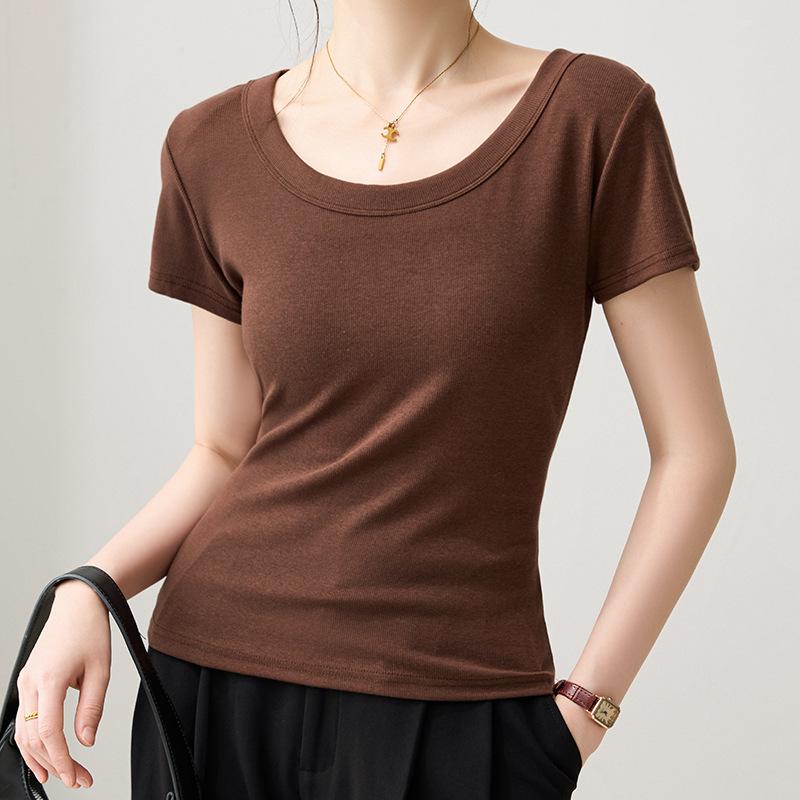 Damen Sommer 2025 Schlank geschnittenes geripptes U-Ausschnitt T-Shirt - Vielseitig Große Größen, Hohe Elastizität, Kurzarm Basis-Top