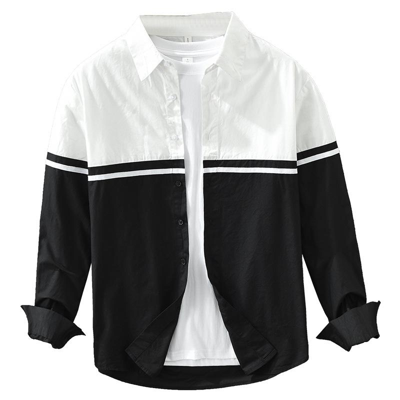 Frühling und Sommer Herren Langarmhemden Reine Baumwolle Freizeit-Top Koreanische Version Reverskragen Patchwork-Hemd Jugend Beliebt Herrenbekleidung