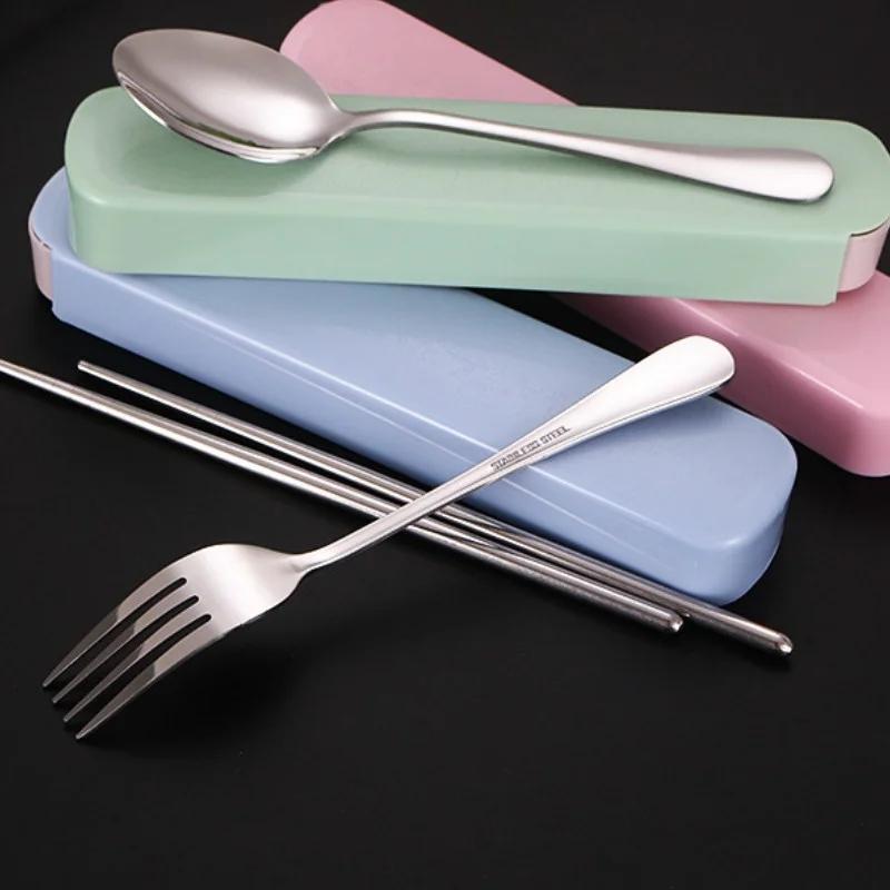 3PCS/Set Portable Travel Tableware Set Stainless Steel Dinnerware With Box Kitchen Fork Spoon Dinner Set For Kid School Cutlery