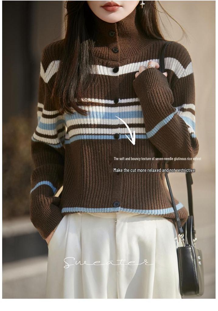 Women's Retro Color Block High Neck Knit Cardigan - Autumn Winter Long Sleeve Korean Style Sweater in Coffee Tone.