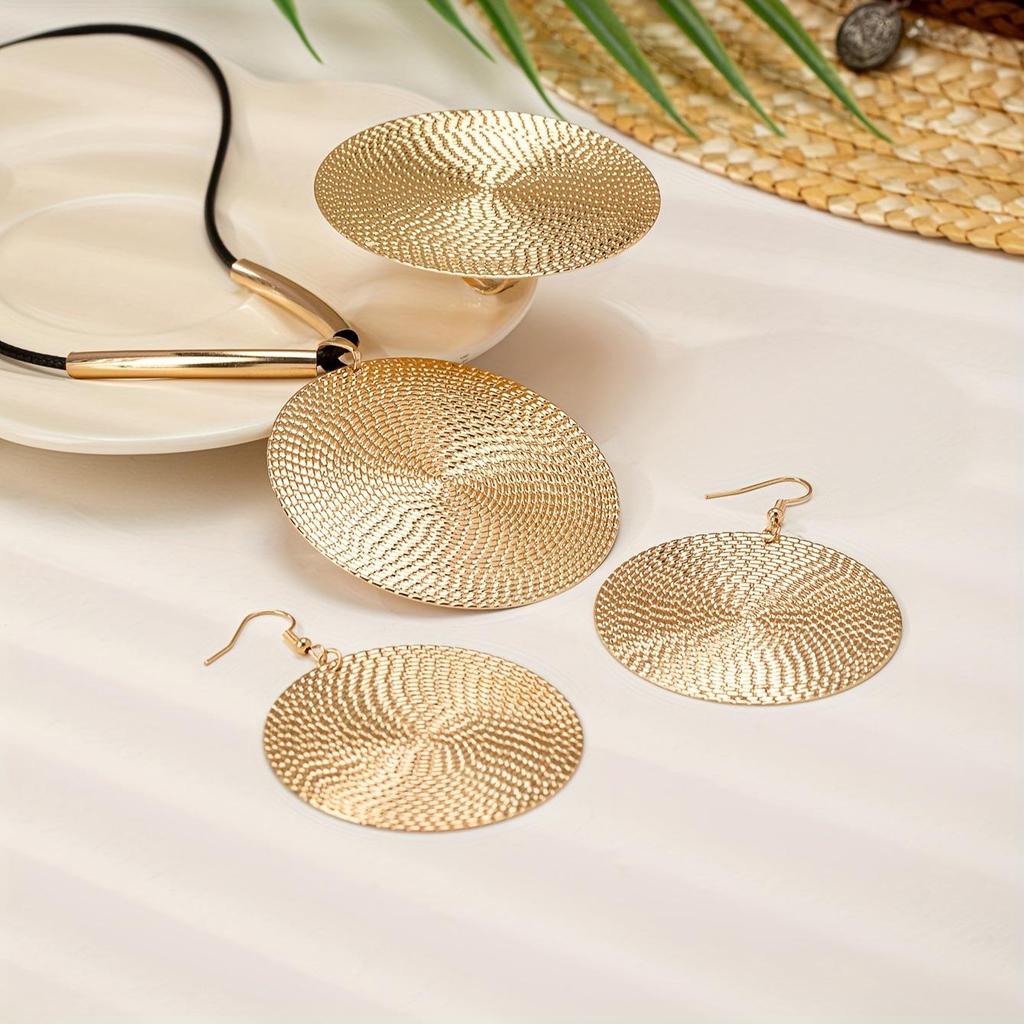 European & American Style Double Circle Pendant Necklace, Ring, and Earrings Set with Bold Texture
