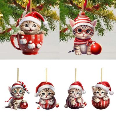 2D Christmas Cat Pendant Acrylic Flat Christmas Tree Decorations Decorative Cat Car Pendant Christmas Acrylic Pendant