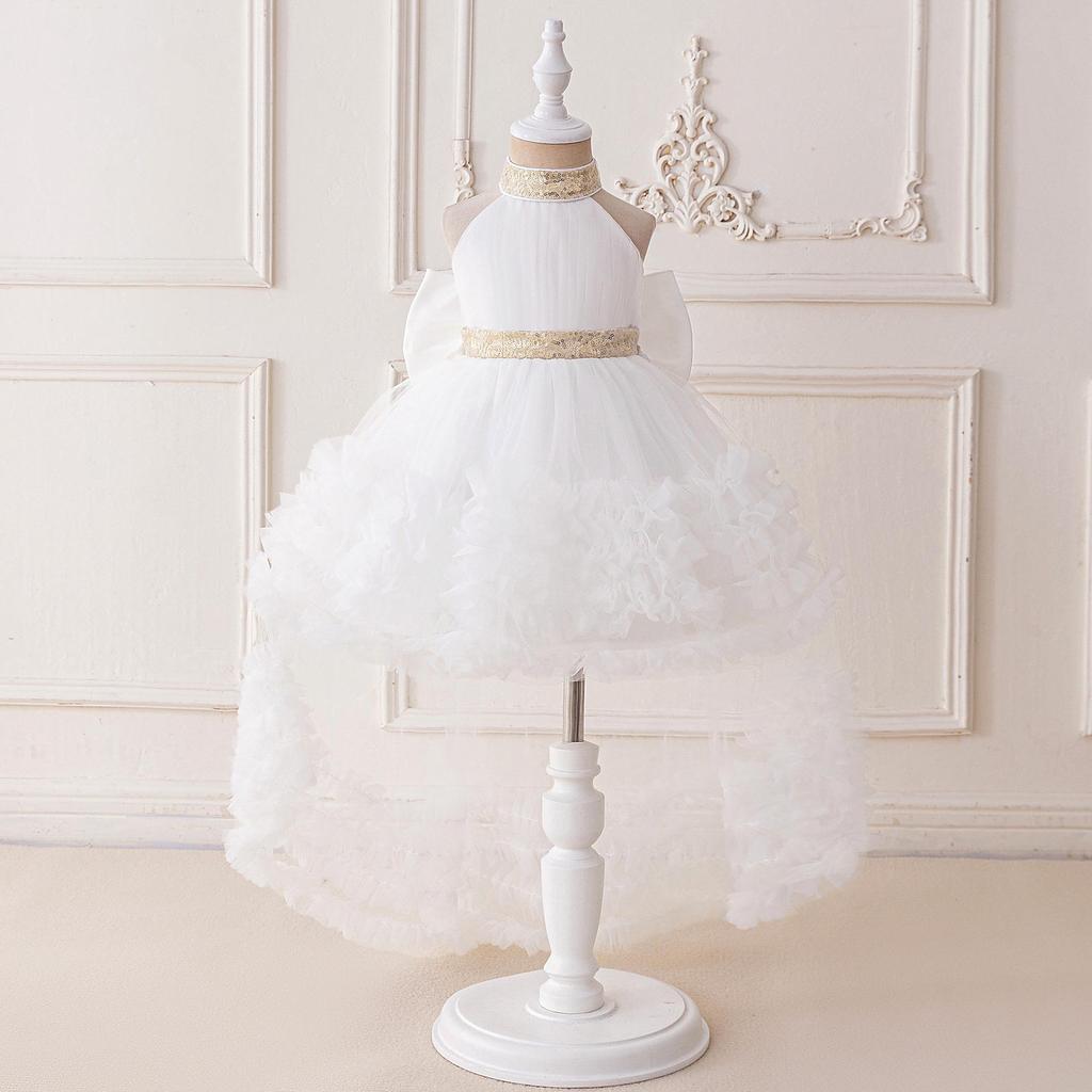 Children's Halter Princess Dress with Train & Puffy Mesh Skirt - Perfect for Evening, Holiday Parties, or Performances