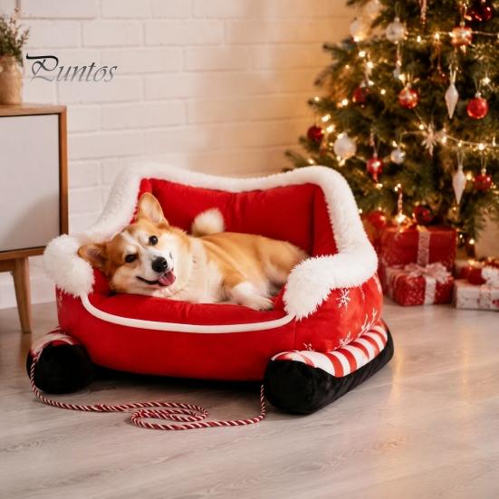 Plush Puppy Bed for Indoor Use Christmas Sleigh Dog with Non Slip Base, Calming Pet Sofa Durable Cats Outdoor, Fun House Puppies Pressure Relief