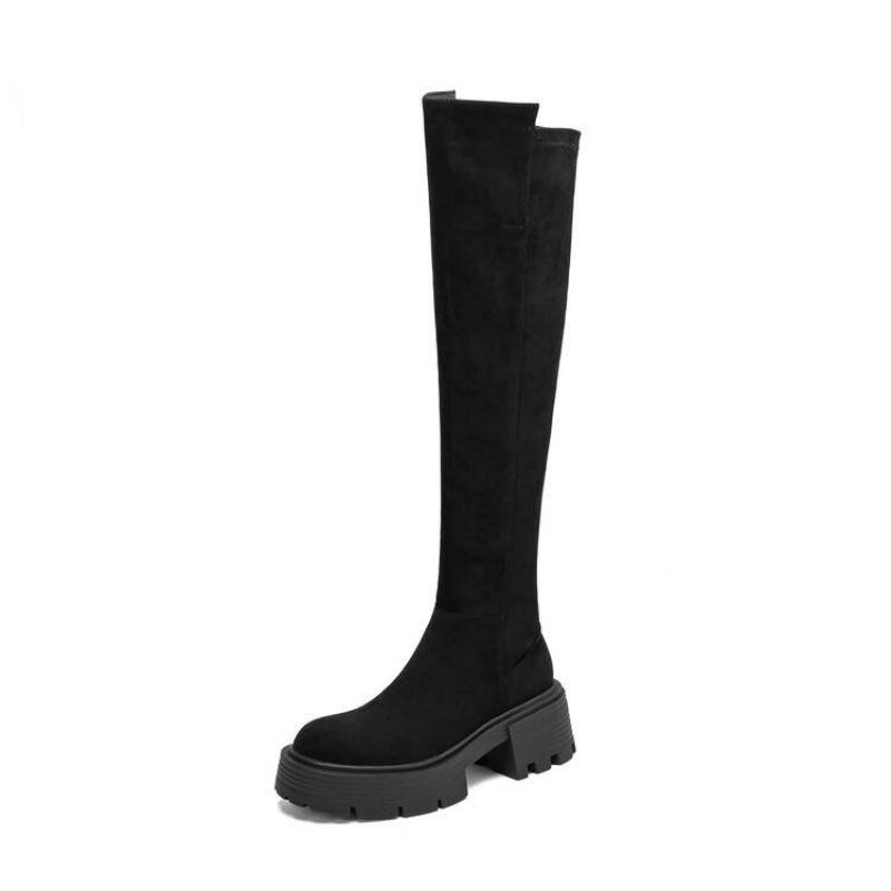 Herbst- und Winter-Wildleder-Stretch-Kniestiefel, neue hochhackige, dicksohlige, rutschfeste Damenstiefel mit runder Spitze, koreanische Version in großen Größen Marti
