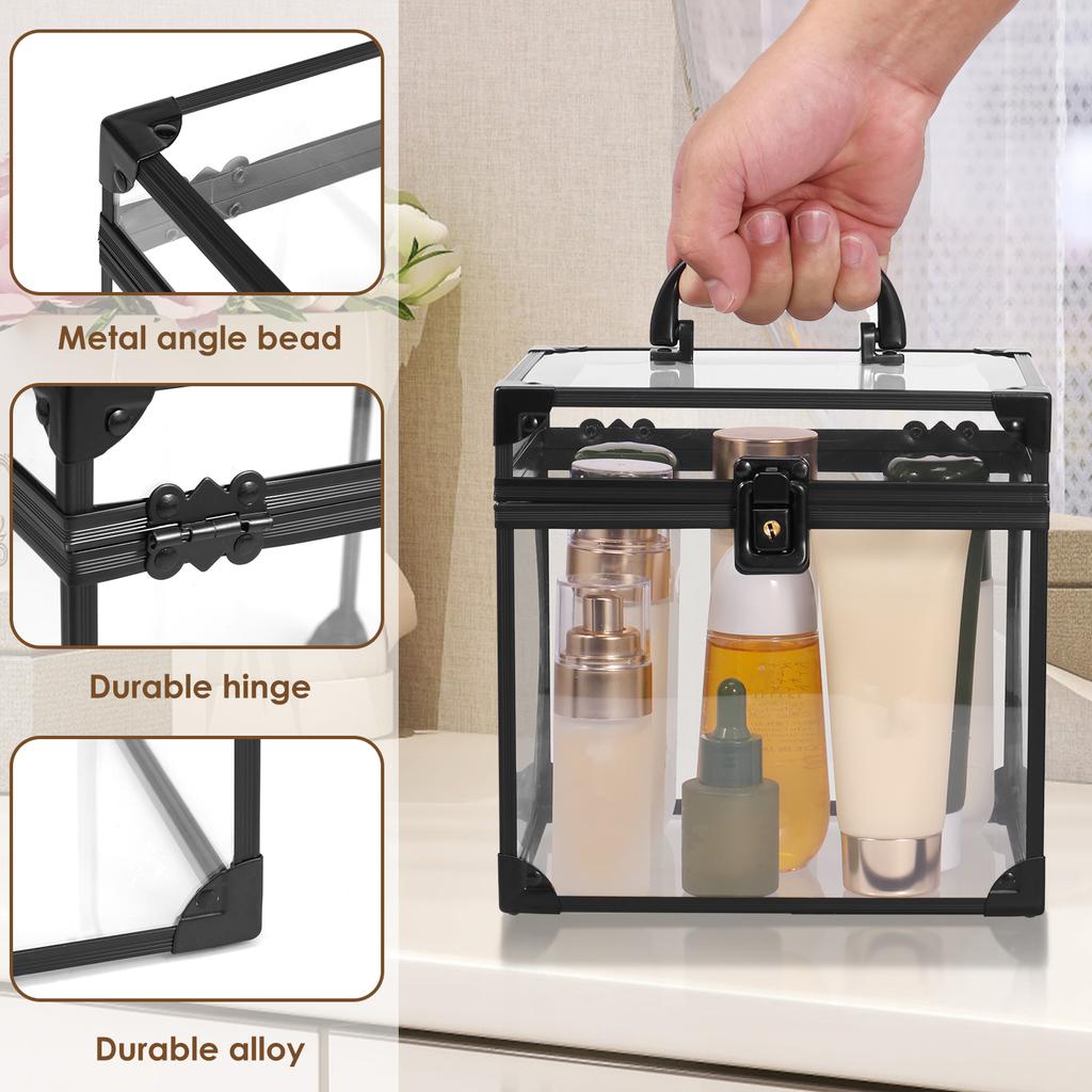 Clear Organizer Box with Lock and Key Portable Large Capacity Durable Multifunctional Cosmetics Toiletry Storage Box with Handle