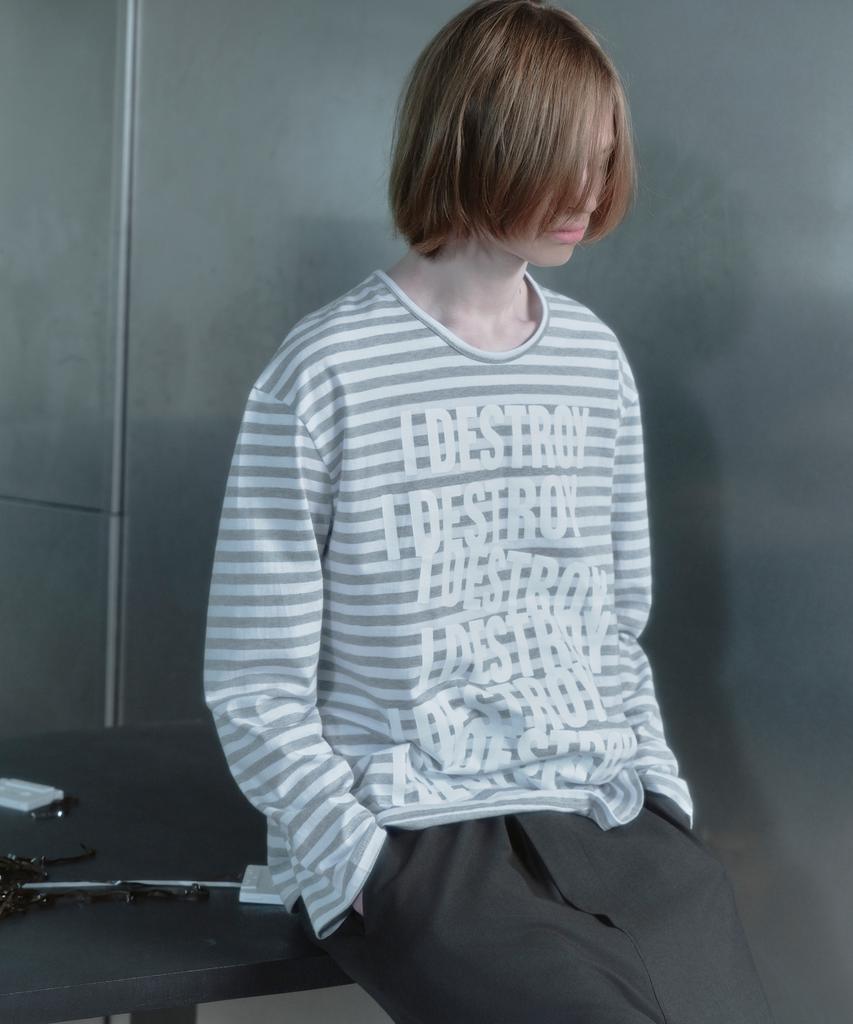Kilyu I Destroy Stripe Long Sleeve T-Shirt_Melange Gray
