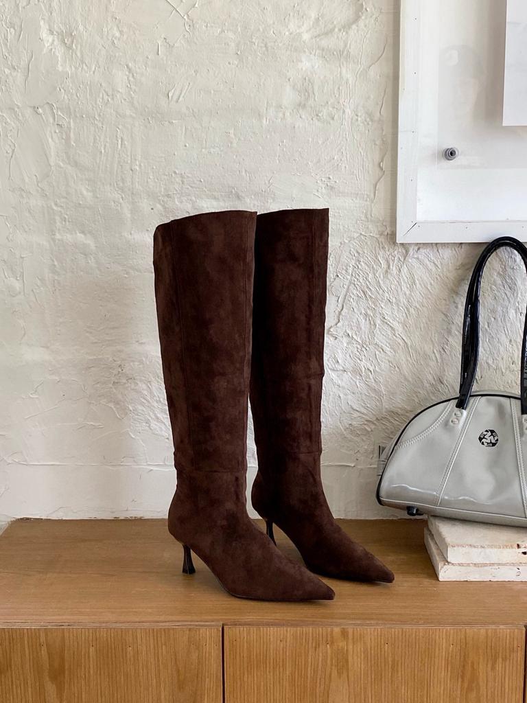 2025 Autumn and Winter New European and American Wind Tube About Temperament Suede Pointed Thin High Heel Boots Thin Wide Tube Knight Boots