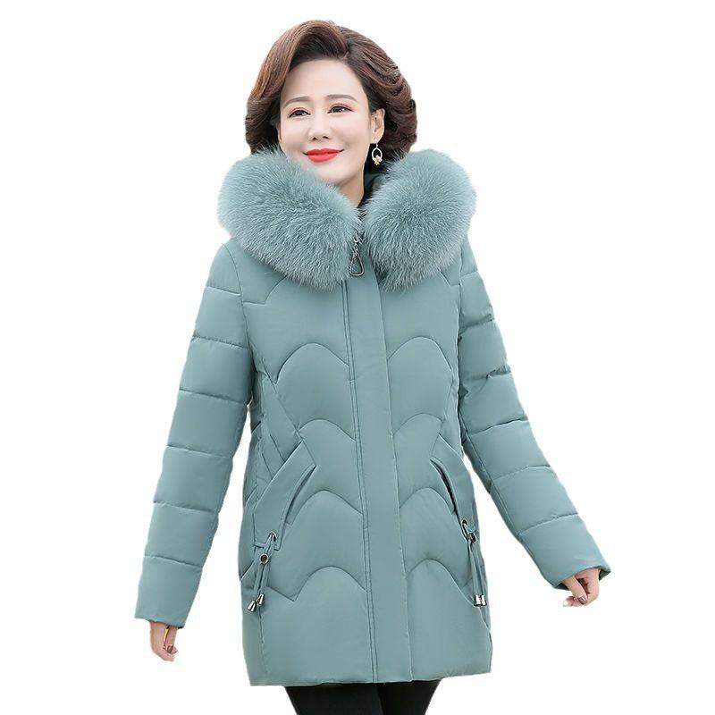 Womens Warm Mid-Length Cotton Padded Coat Winter Plus Size Loose Fit With Faux Fur Collar
