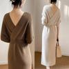 JINJUDUO Long Knit Midi Long Cute and Perfect for Special Beige Women's Dress, Length, Sleeve, Cache-Coeur, Elegant, Occasions, White, Brown, Spring,