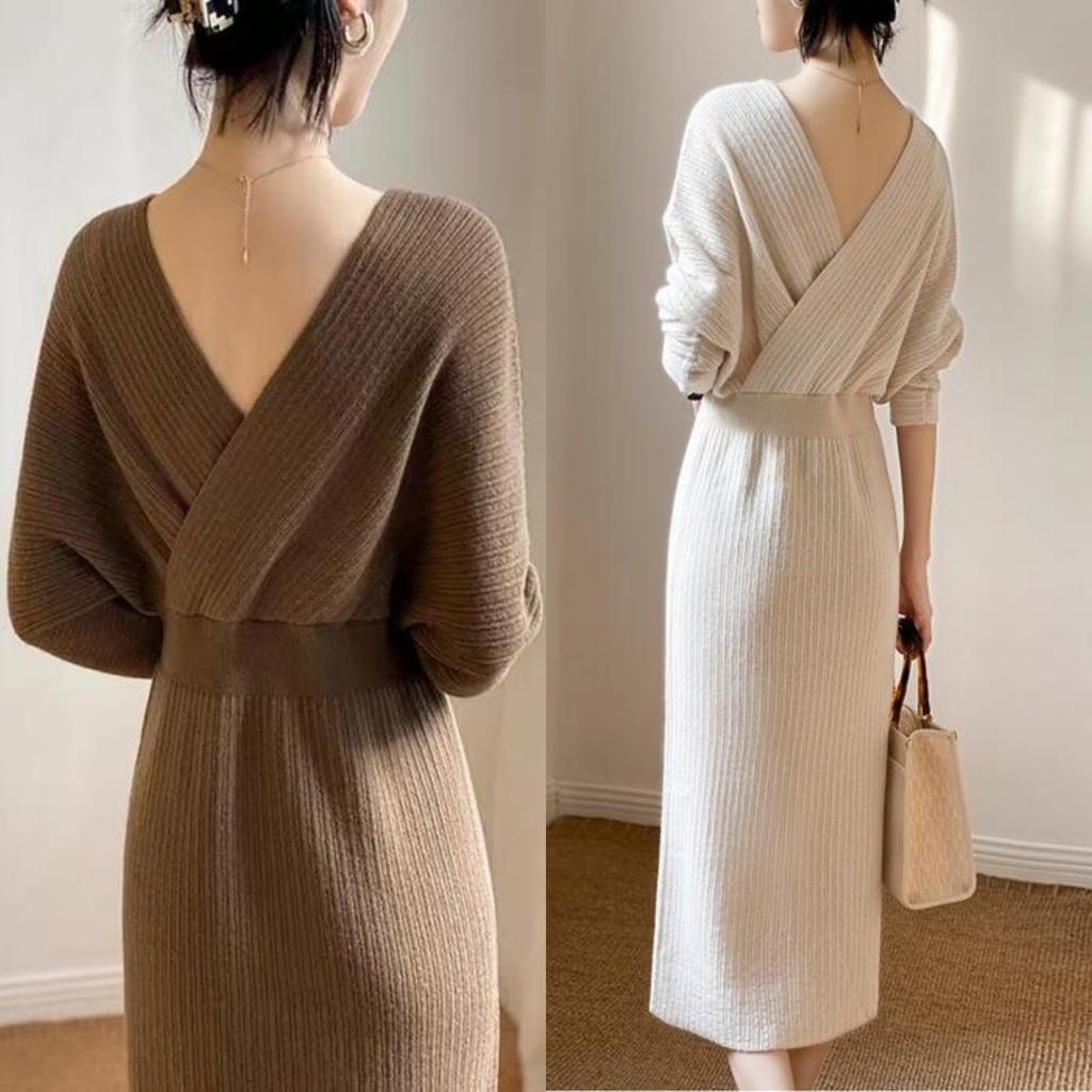 JINJUDUO Long Knit Midi Long Cute and Perfect for Special Beige Women's Dress, Length, Sleeve, Cache-Coeur, Elegant, Occasions, White, Brown, Spring,