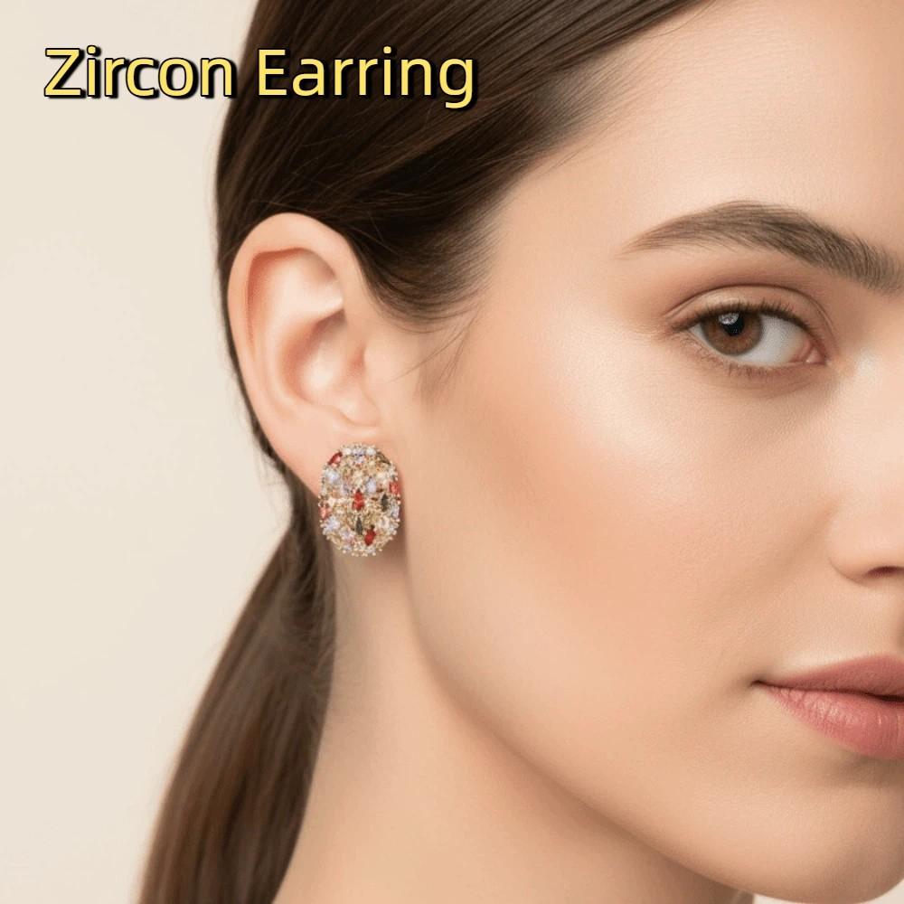 Oval Shape Colorful Zircon Earring Copper Gilding Ear Drop Simple Ear Jewelry  Women