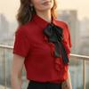 Short Sleeve Blouse for Women Ruffle Front Button Down Shirt with Bow Tie Neck and Classic Fit for Office Work