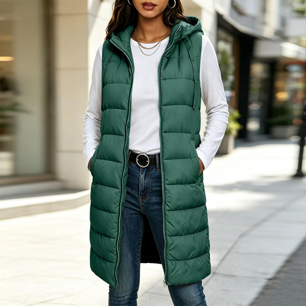 Women's Color Hooded Zip-Up Cotton Vest Mid-Length Plus Size Outerwear for Fall and Winter