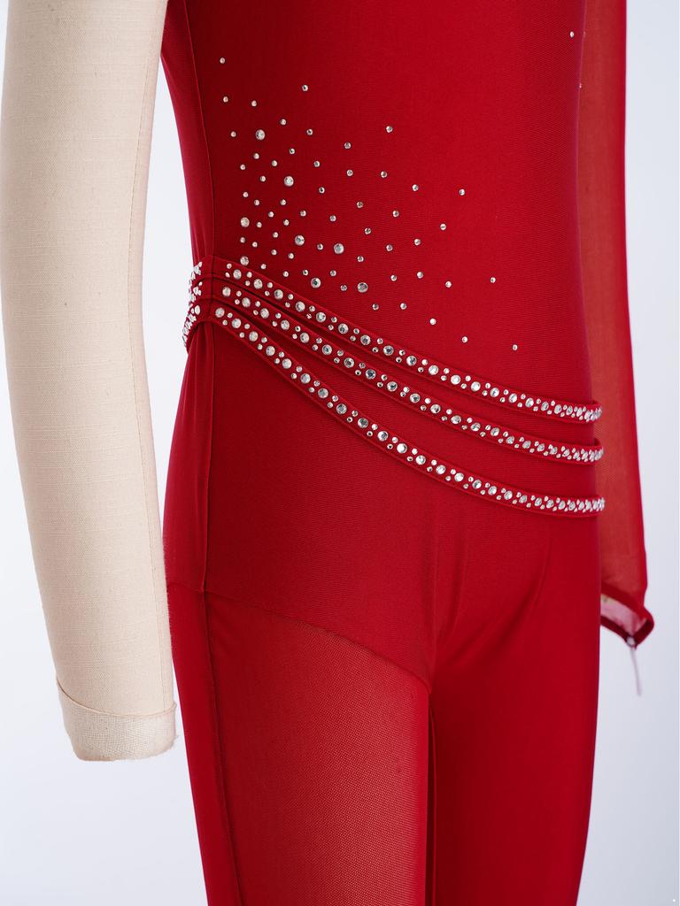 Girls Figure Skating Gymnastics Jumpsuit Asymmetrical Design Back Invisible Zipper Mesh Patchwork Sparkly Rhinestones Bodysuit for Competition