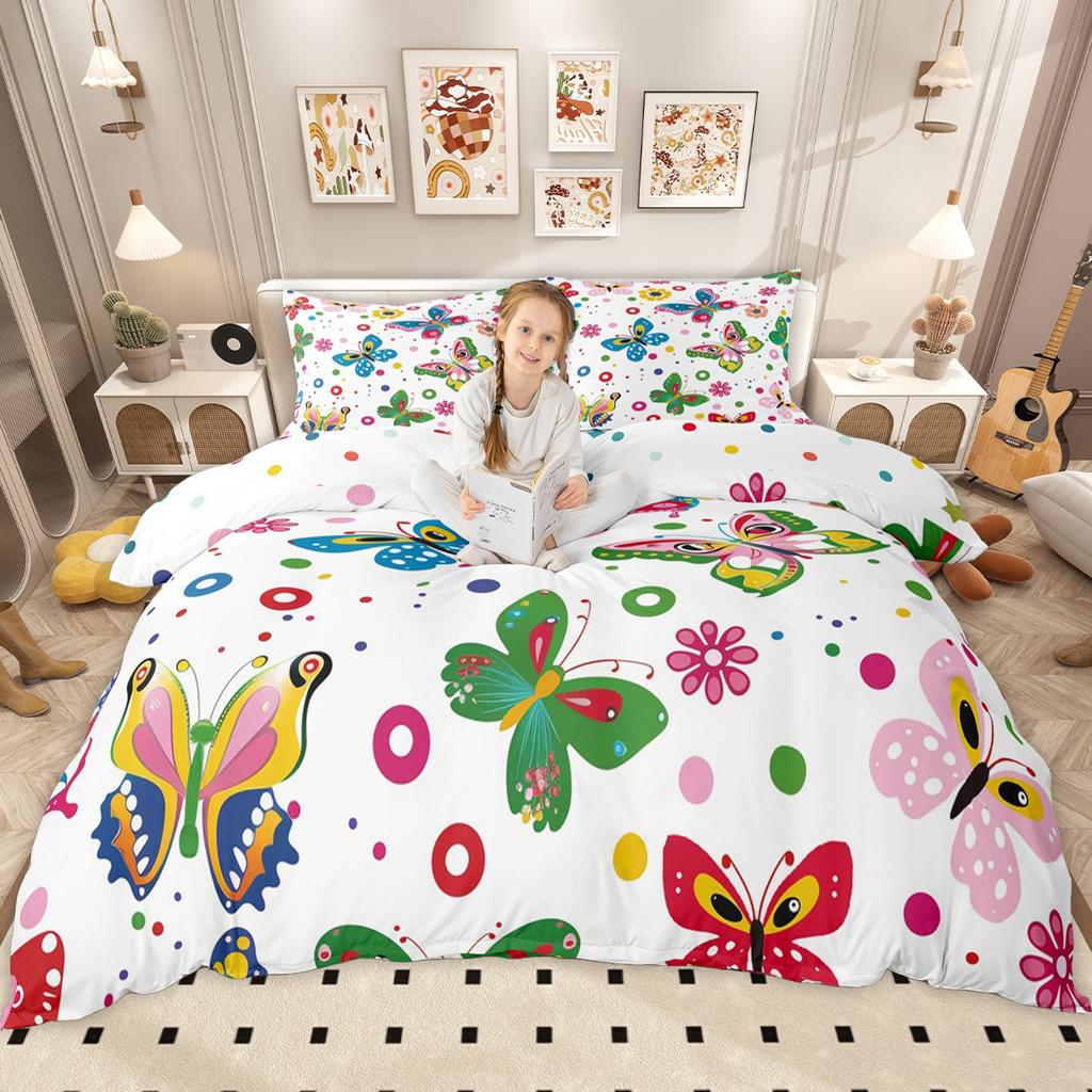 Homewish Cute Groovy Floral Duvet Cover Set for Girls, Vintage Butterfly Flower Bedding Set, Cartoon Blossom Comforter Cover Set