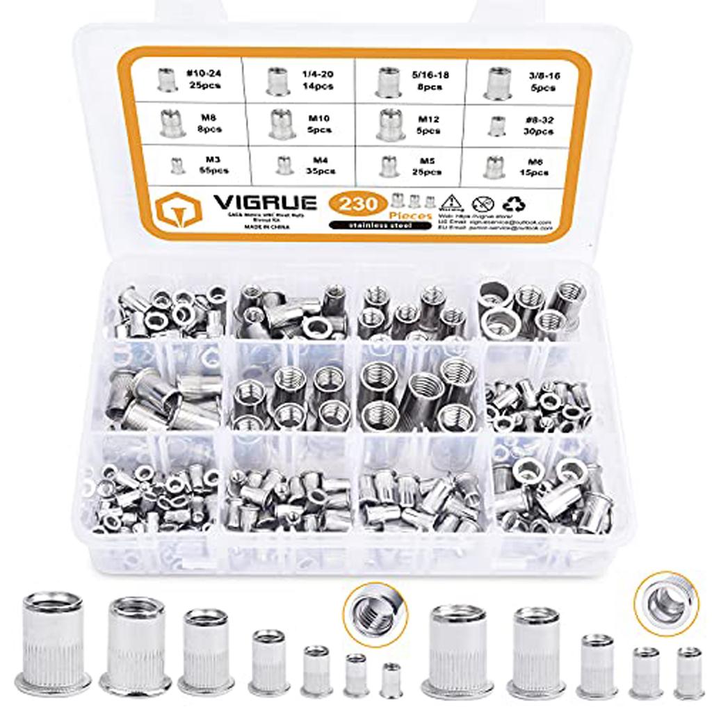 230PCS SAE & Metric   UNC Erts Rivnut Assortment Kit, Flat Head Insert Nut Assort #8-32#10-24 1/4"-20 3/8"-16 5/16"-18 and M3  M5 M6 M8 M10 M12