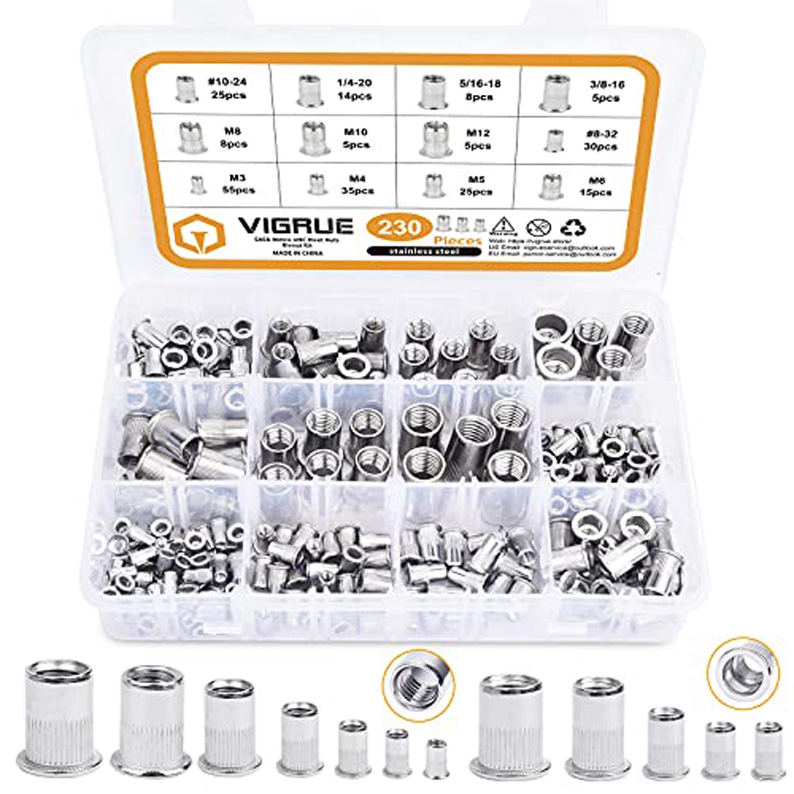 

230PCS SAE & Metric UNC erts Rivnut Assortment Kit, Flat Head Insert Nut Assort #8-32#10-24 1/4 -20 3/8 -16 5/16 -18 and M3 M5 M6 M8 M10 M12 One Size серебряный