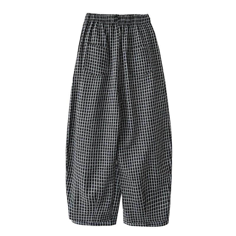 Womens High-Waisted Wide-Leg Cotton Blend Plaid Pants Loose Fit Casual Trousers Style
